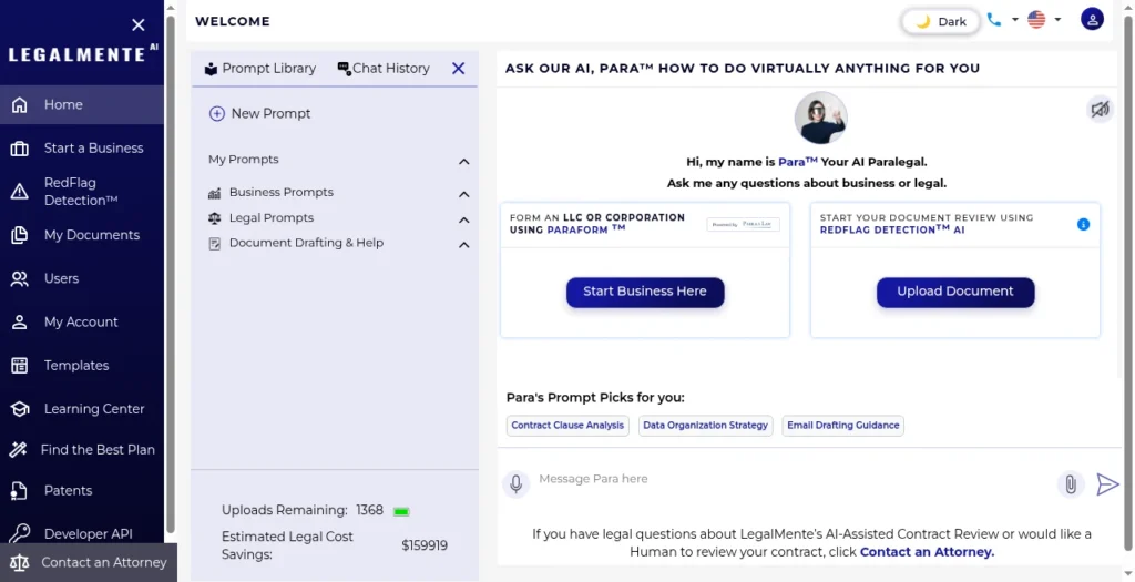 LegalMente AI app home dashboard