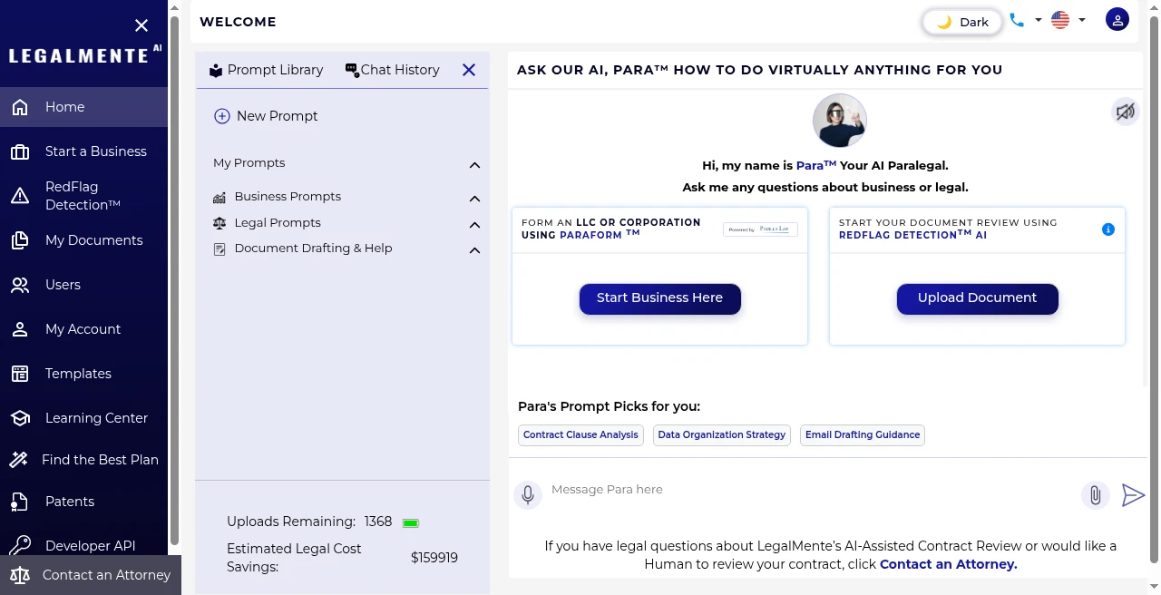 LegalMente AI app home dashboard